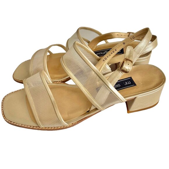 Mr Seymour Vintage 70s 80s Gold Mesh Slingback Sandal Size 10 Block Heel Leather - Picture 6 of 9
